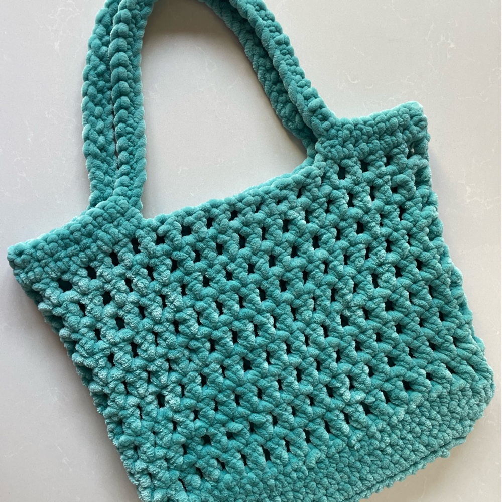 Turquoise Handmade Crochet Plush Large Tote Bag